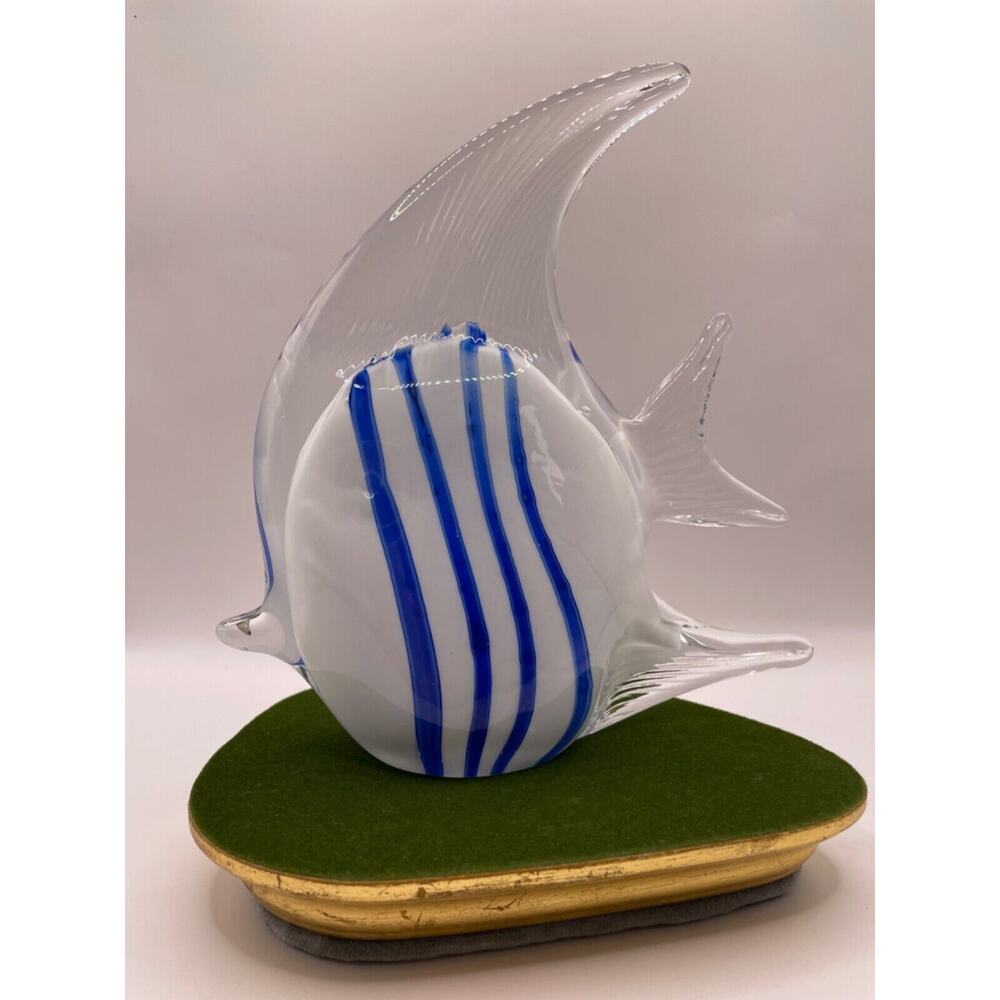 Blown Art Glass Angel Fish White Cobalt Blue Stripes Cased in Clear Glass